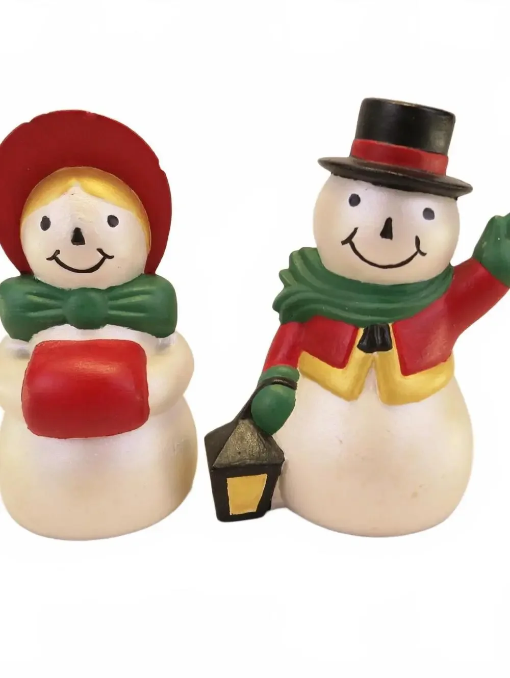 Vintage Old 70's Hand Painted Snowman Figurine Couple 4” Tall